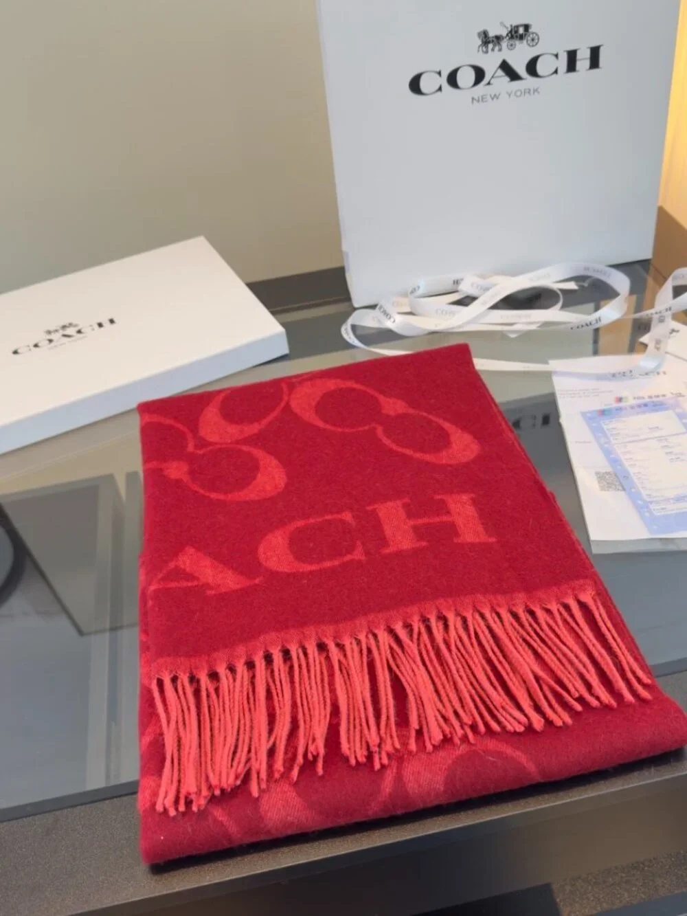 Coach Classic Monogram C Logo Burgundy Fringe Scarf Warm Cozy Designer Shawl